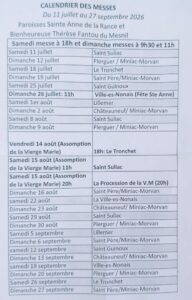Calendrier des messes du 11 juillet au 27 septembre 2026
